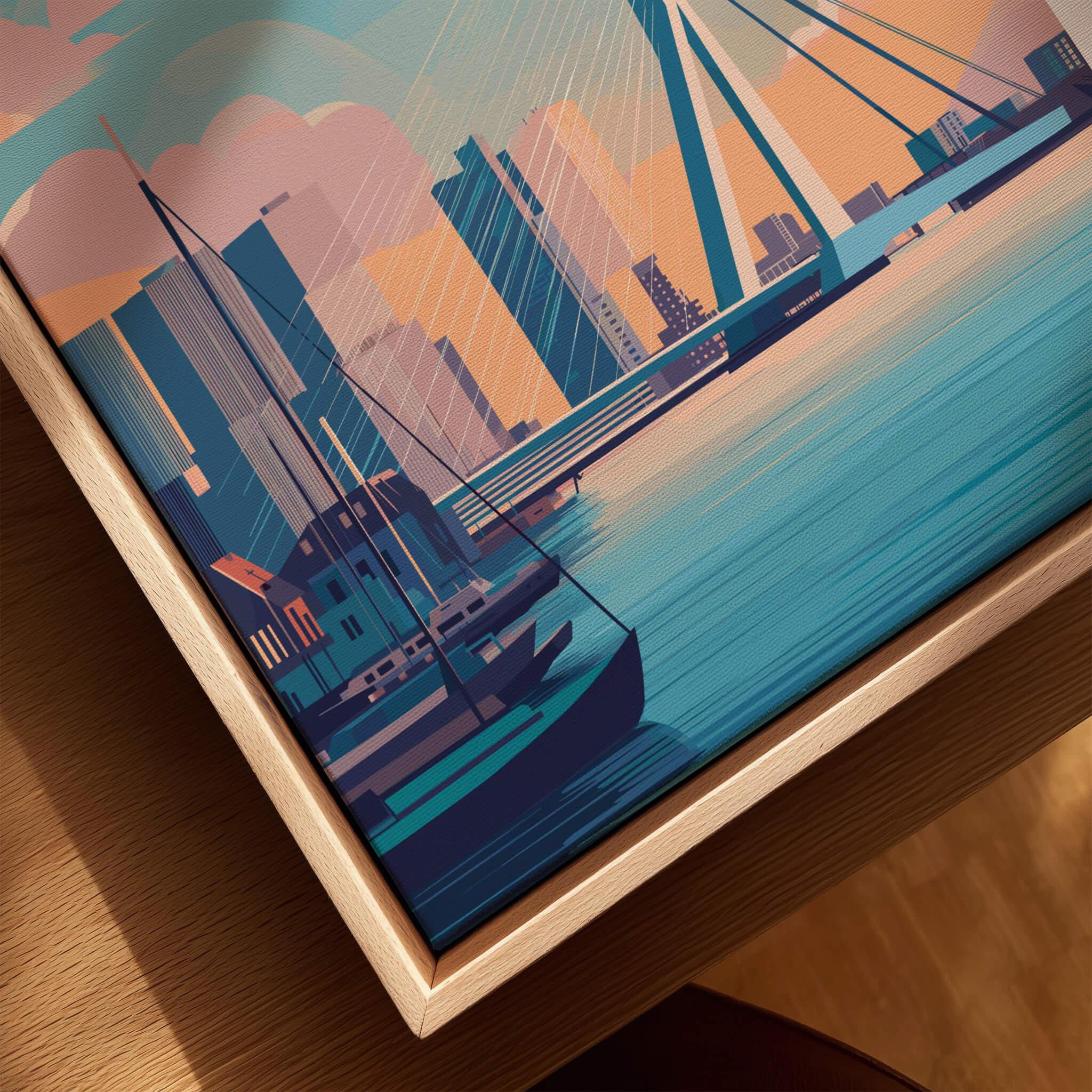 Closeup of a framed canvas wall art featuring a colorful city skyline and bridge illustration.
