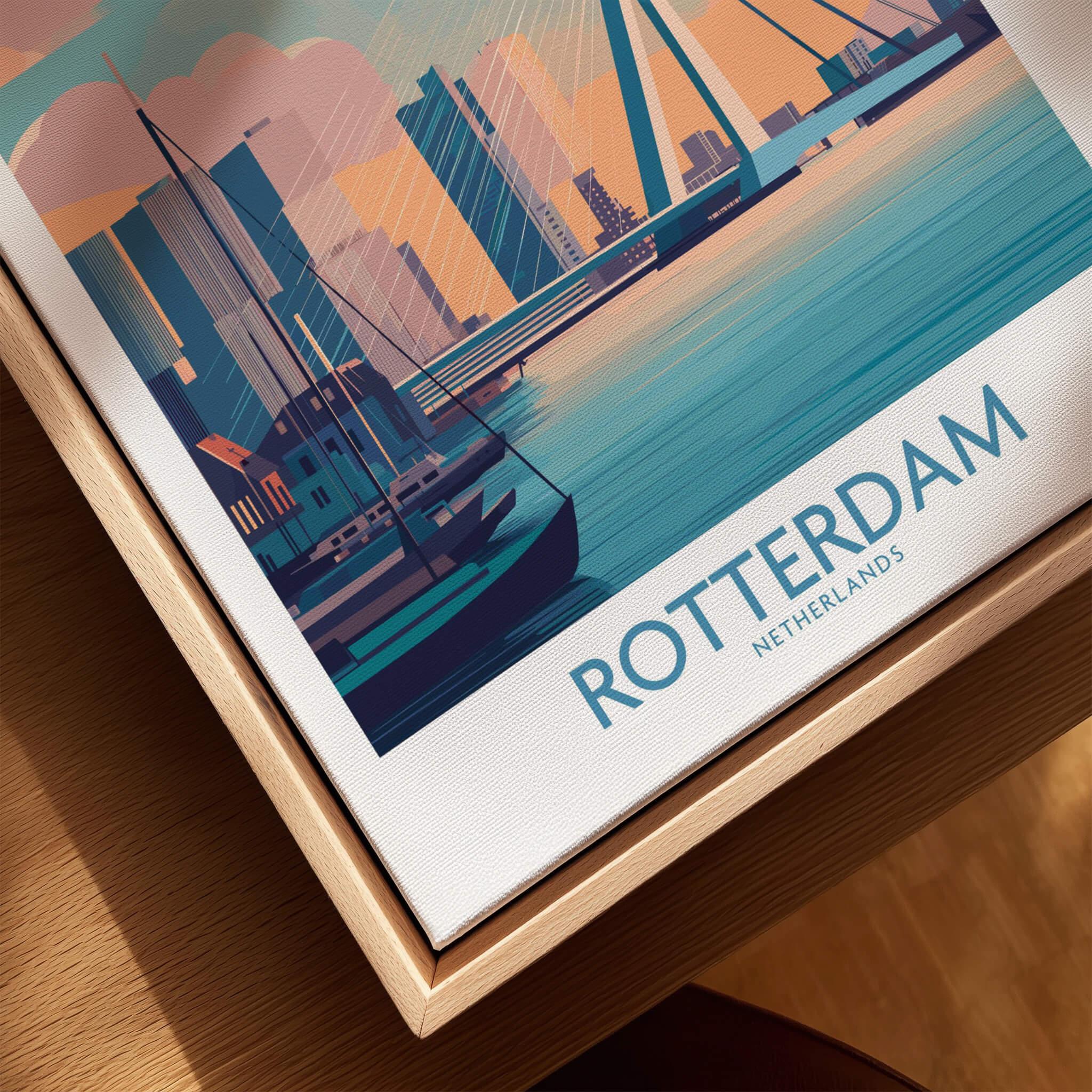 Rotterdam city skyline wall art print in natural wood floating frame, closeup view