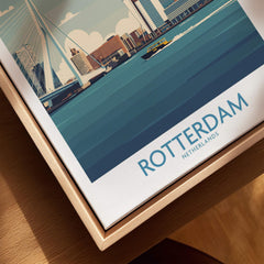 Closeup of Rotterdam city skyline wall art in natural wood floating frame