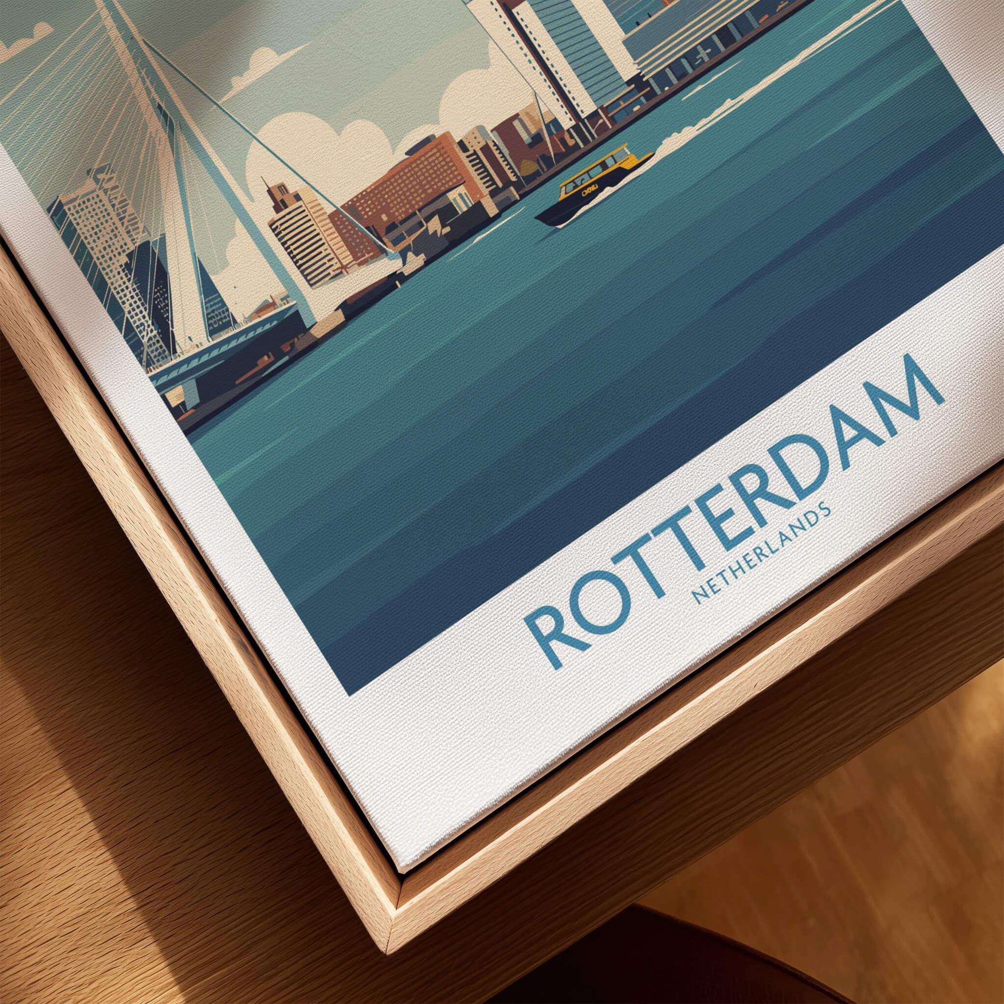 Closeup of Rotterdam city skyline wall art in natural wood floating frame
