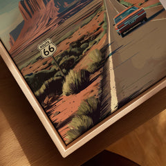 Route 66 travel poster framed canvas, desert landscape and classic car wall art closeup