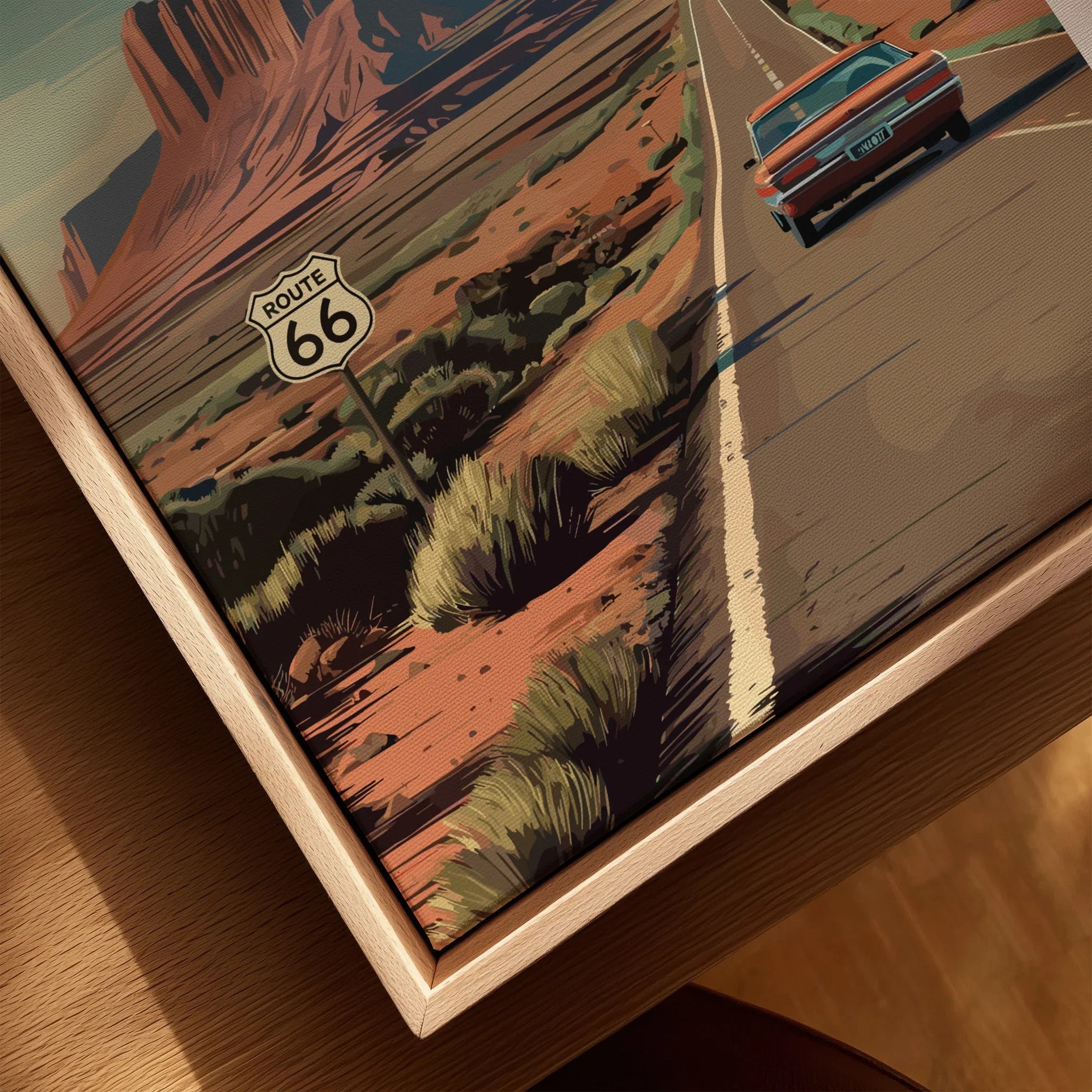Route 66 travel poster framed canvas, desert landscape and classic car wall art closeup