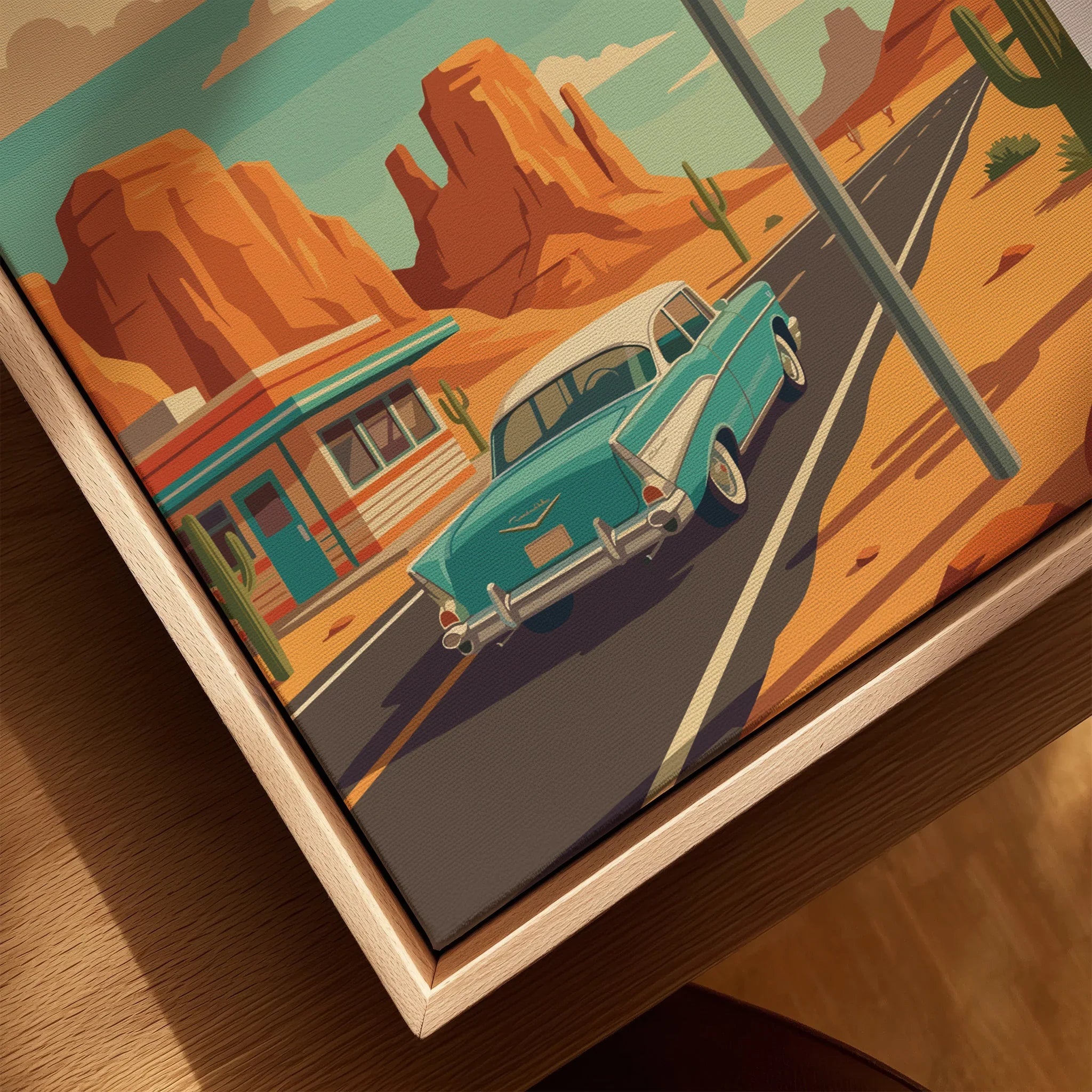Retro Route 66 travel poster on canvas with teal vintage car and desert landscape in wood frame