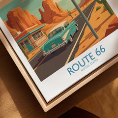 Route 66 travel poster canvas print with vintage car, diner, desert, framed in natural wood