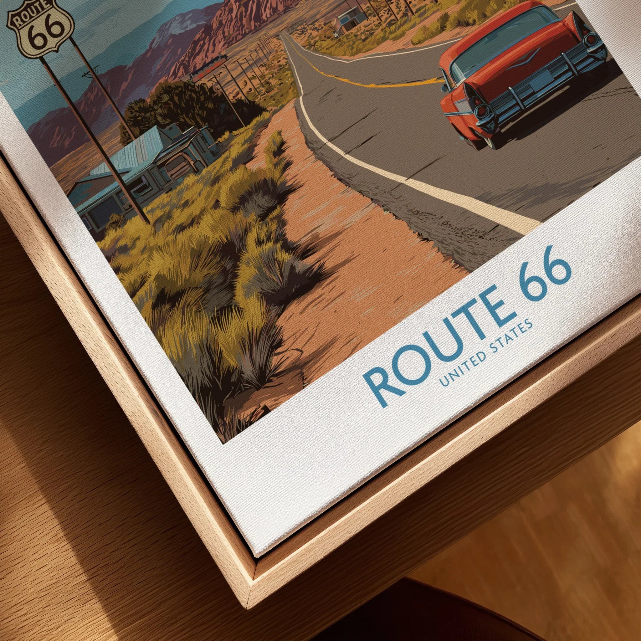 Closeup framed Route 66 travel poster, red vintage car on desert highway wall art print