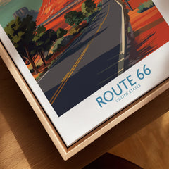 Route 66 travel poster print in natural wood floating frame, close-up view
