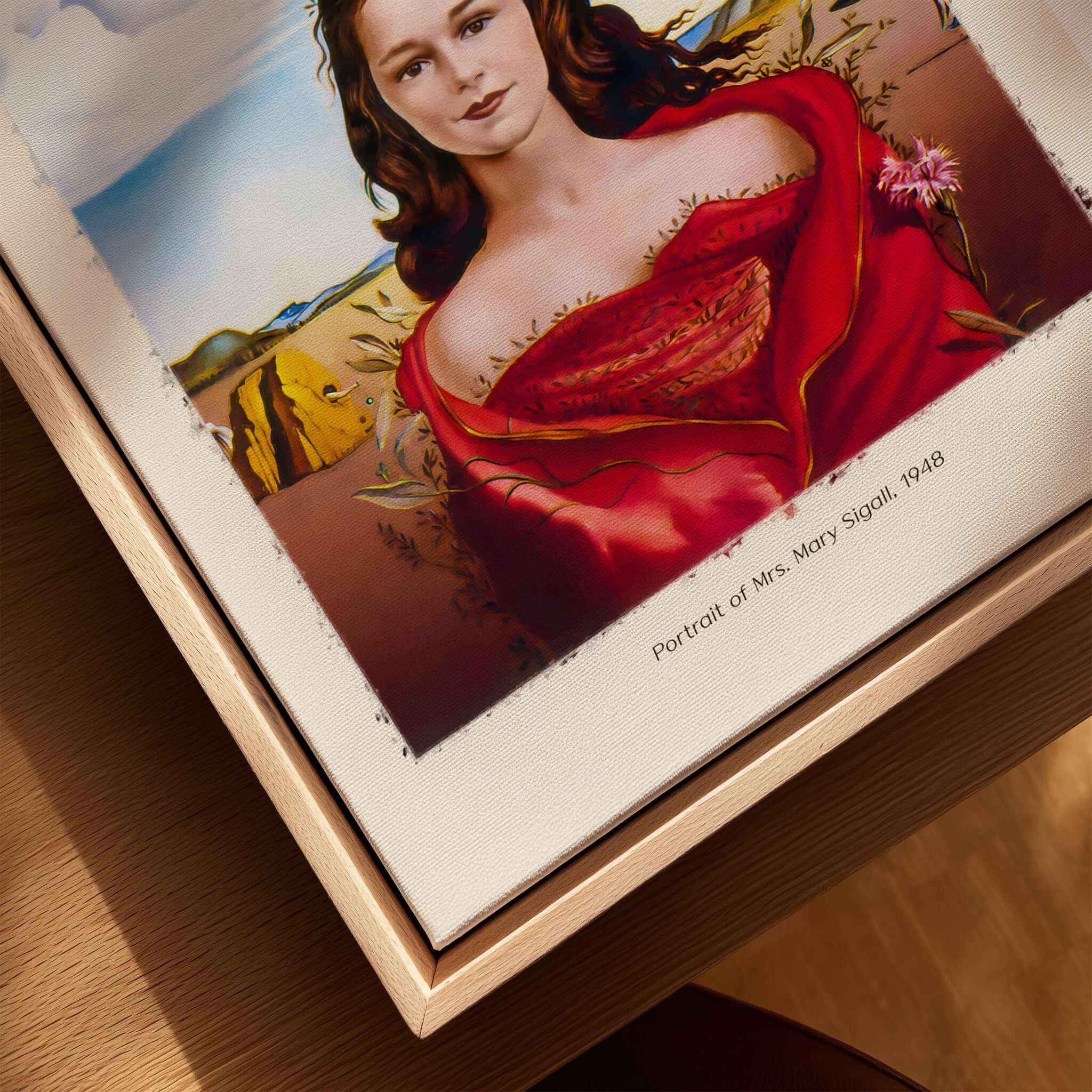 Salvador Dali Portrait Mrs Mary Sigall 1948 Surrealist Woman Art Print Poster displayed elegantly.