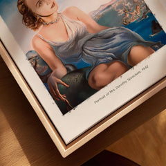 Salvador Dali Portrait Mrs Dorothy Spreckels 1942 Surrealist Seascape Art Print Poster displayed in a framed setting.