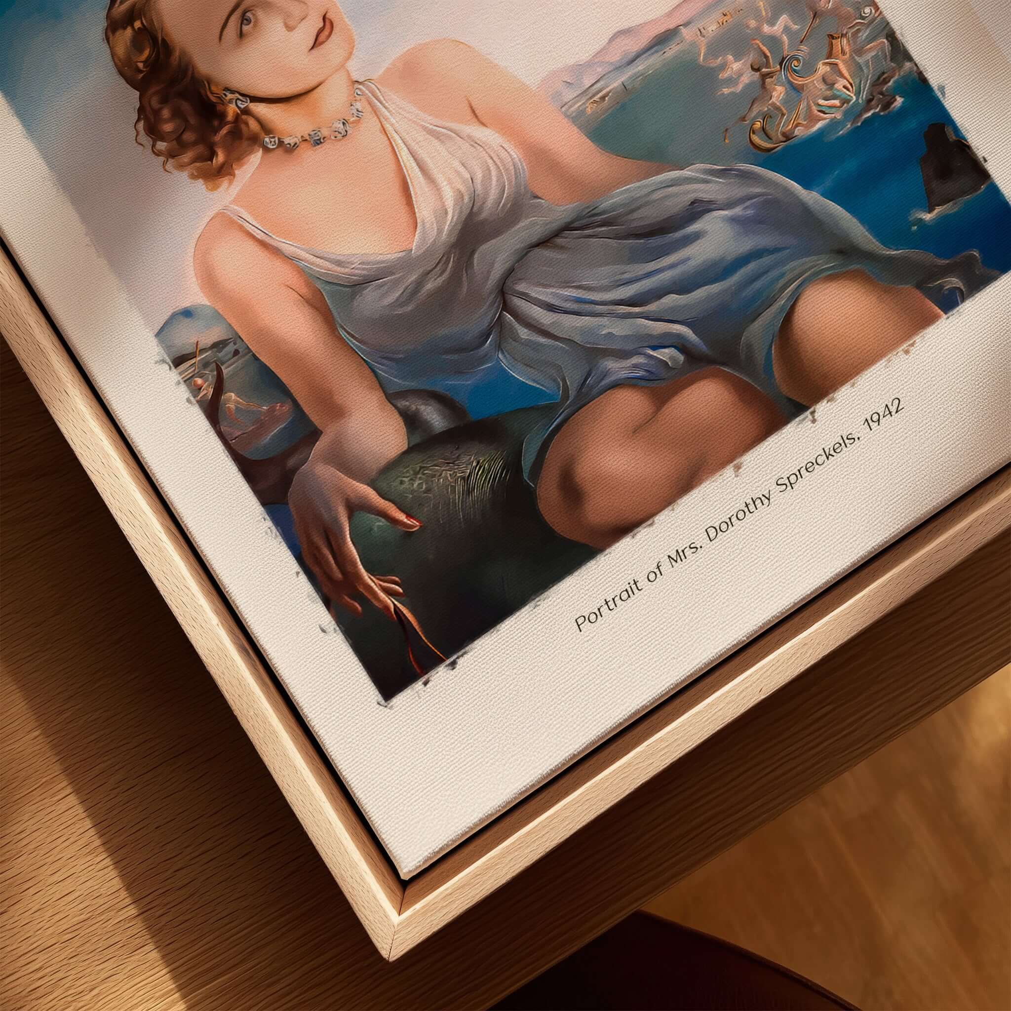 Salvador Dali Portrait Mrs Dorothy Spreckels 1942 Surrealist Seascape Art Print Poster displayed in a framed setting.