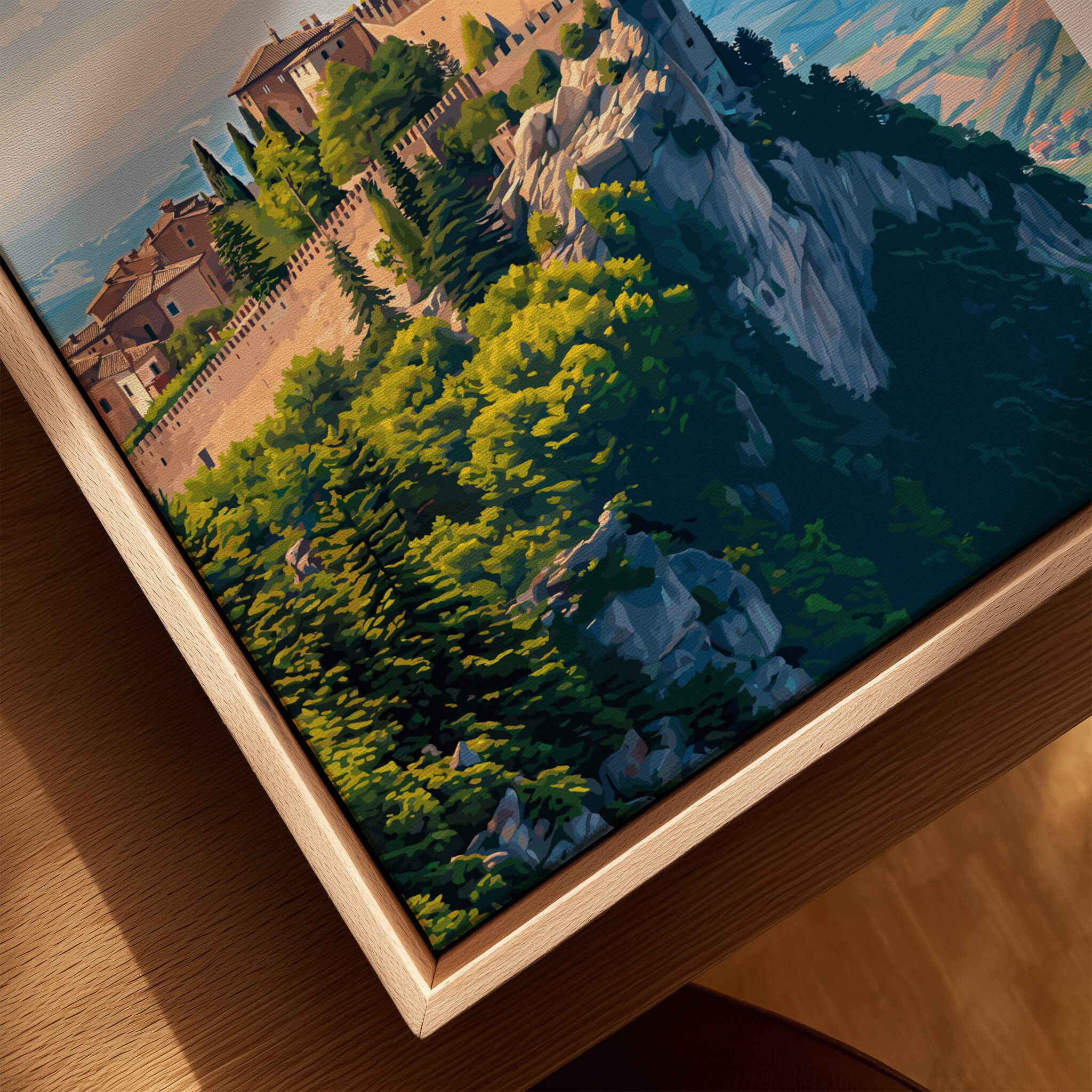San Marino Wall Art Print | Mount Titano Citadel Travel Poster showcasing the fortress and lush greenery atop Mount Titano.