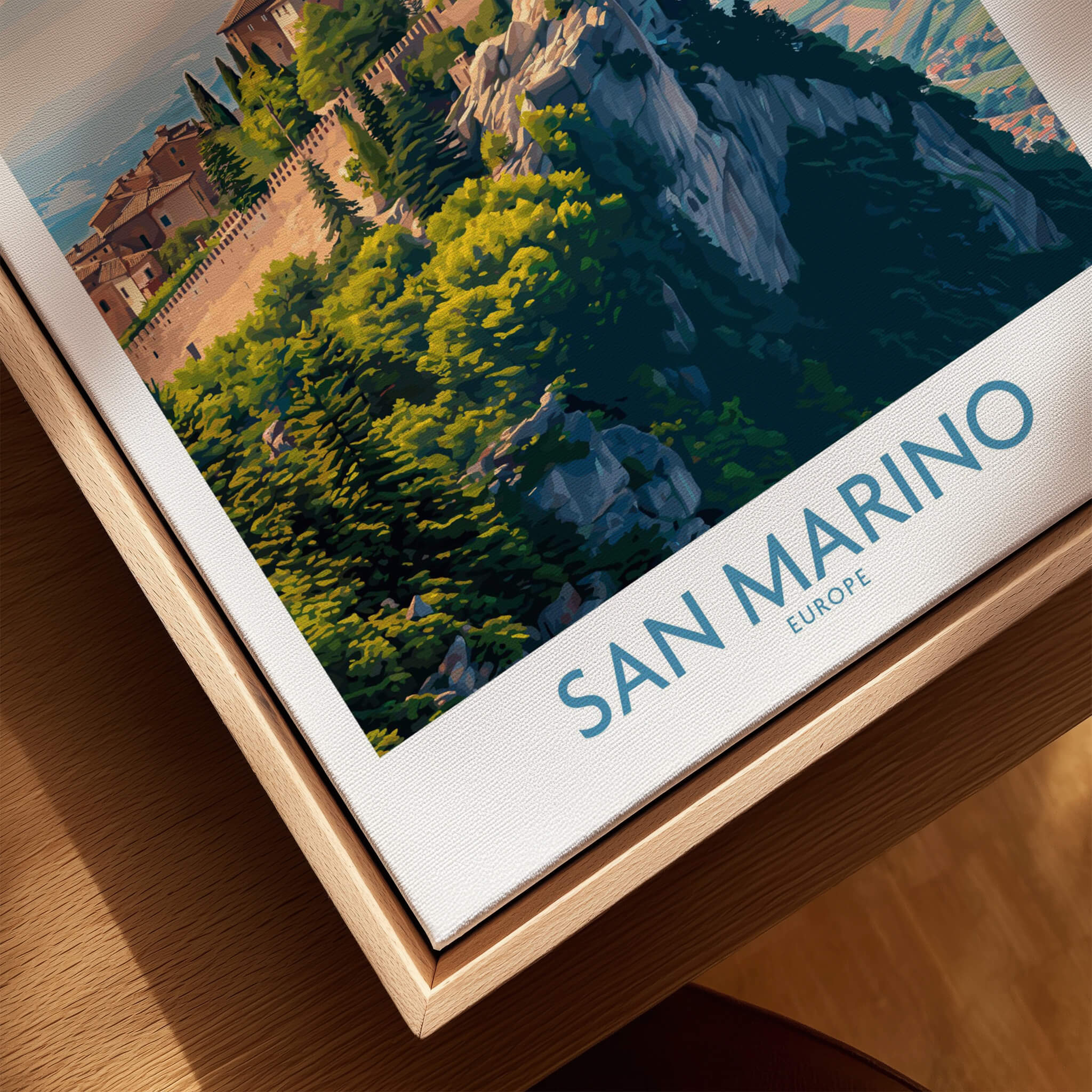 San Marino Poster | Canvas Print featuring a vibrant landscape of San Marino's ancient fortress.