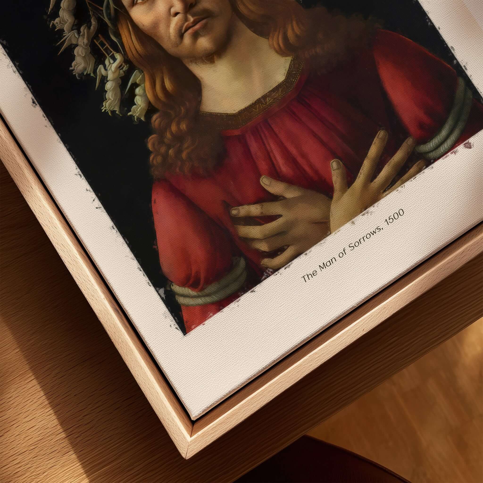 Botticelli Man of Sorrows Christ Art Print Religious Renaissance Painting Poster showing Christ with a crown of thorns.