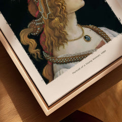 Botticelli Portrait of a Young Woman Simonetta Vespucci Art Print Renaissance Poster displayed elegantly.