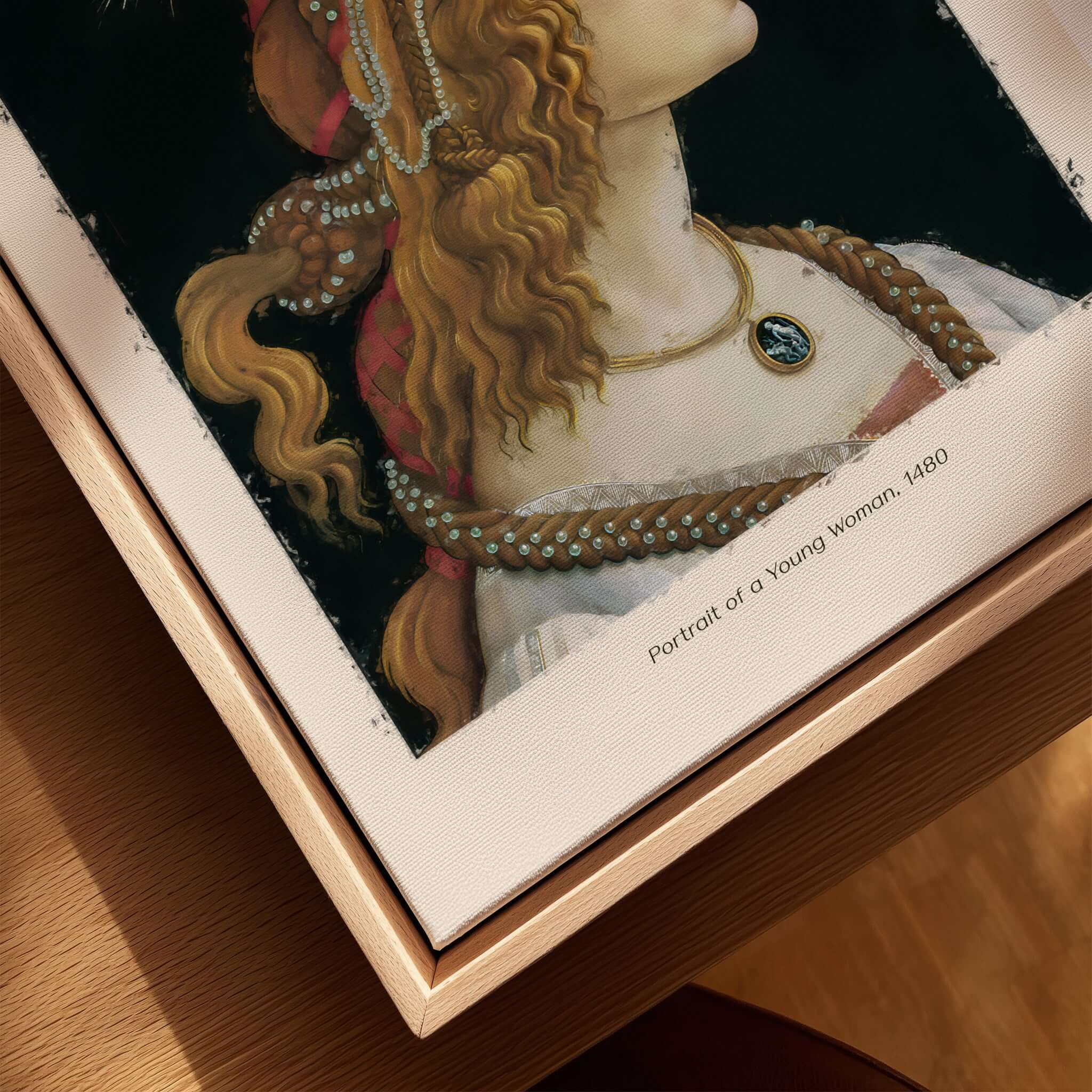 Botticelli Portrait of a Young Woman Simonetta Vespucci Art Print Renaissance Poster displayed elegantly.