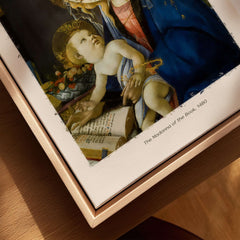 Botticelli Madonna of the Book Art Print Virgin Mary Child Religious Poster Wall Art framed on wooden surface