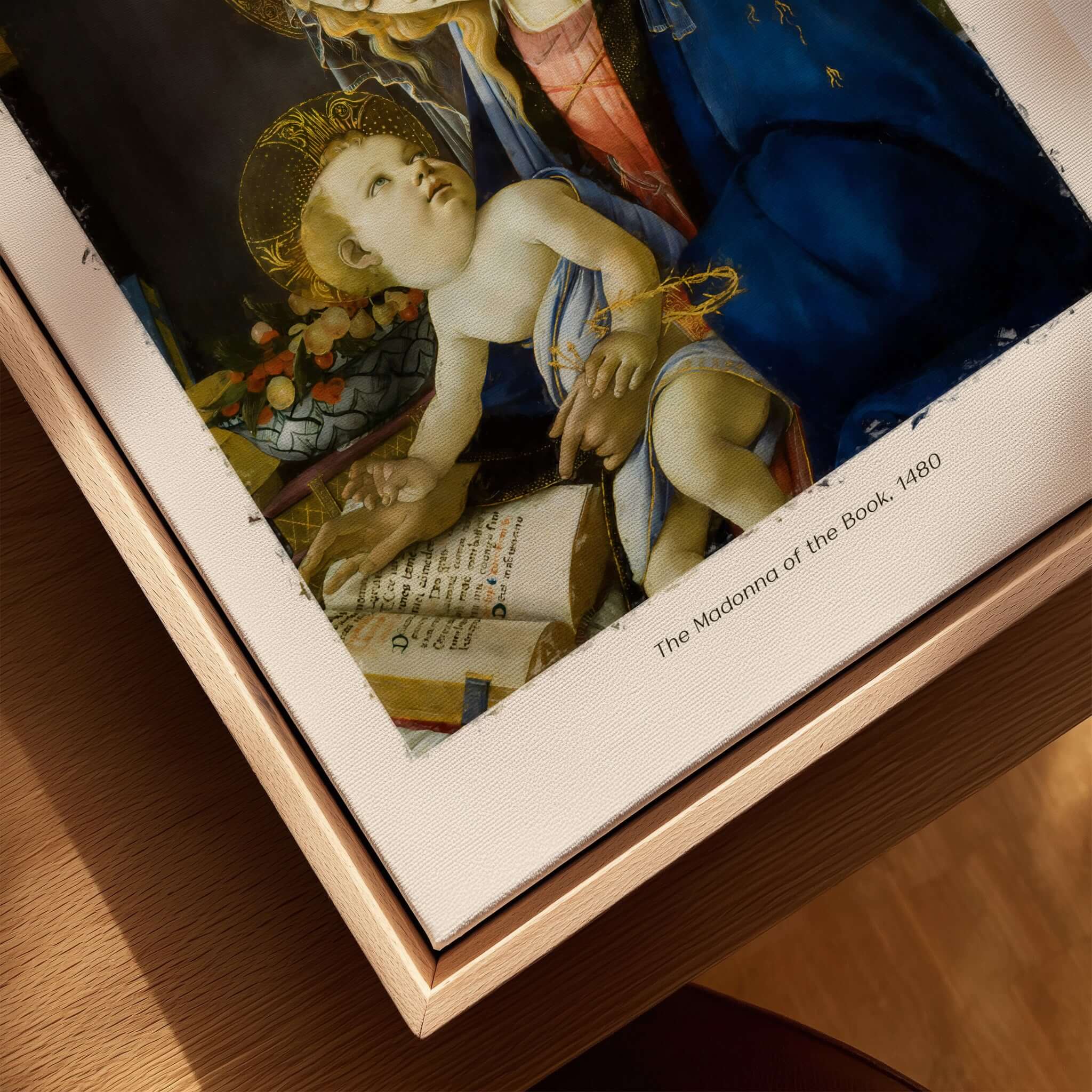 Botticelli Madonna of the Book Art Print Virgin Mary Child Religious Poster Wall Art framed on wooden surface