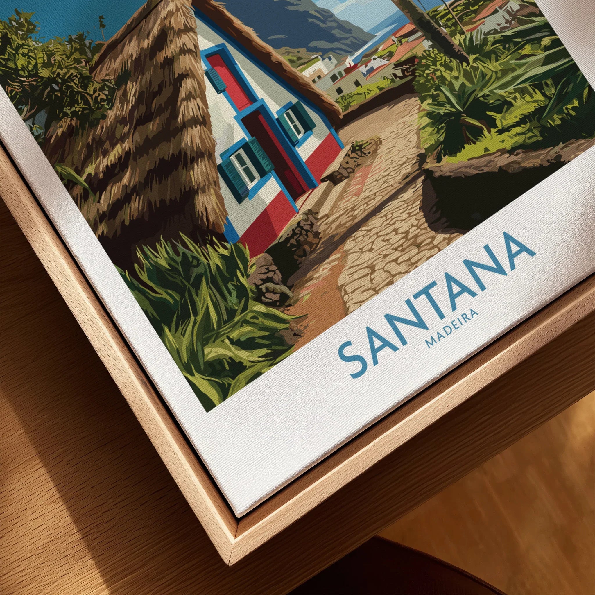 Framed canvas print of Santana Madeira travel poster with thatched house illustration