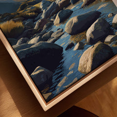 Scafell Pike Poster Lake District Wall Art Print featuring serene rocks and water reflections.