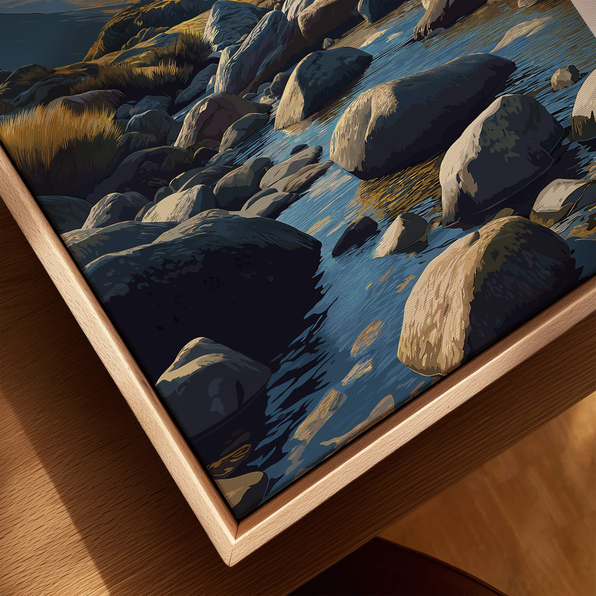 Scafell Pike Poster Lake District Wall Art Print featuring serene rocks and water reflections.