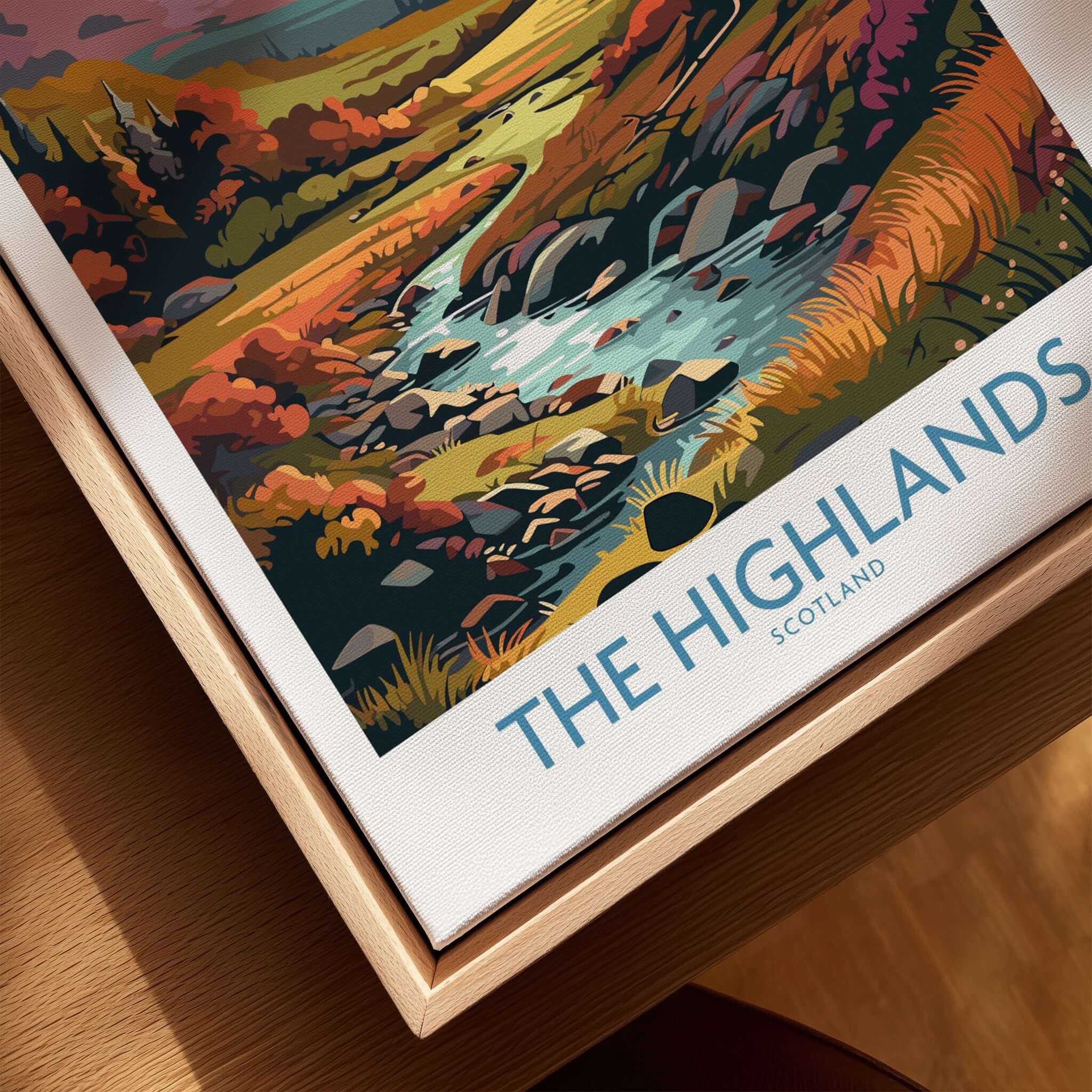 The Highlands Scotland Art Print featuring vibrant colors and scenic landscapes of the Scottish Highlands.