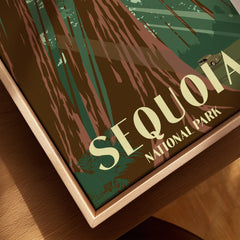 Closeup of Sequoia National Park art print in natural wood floating frame