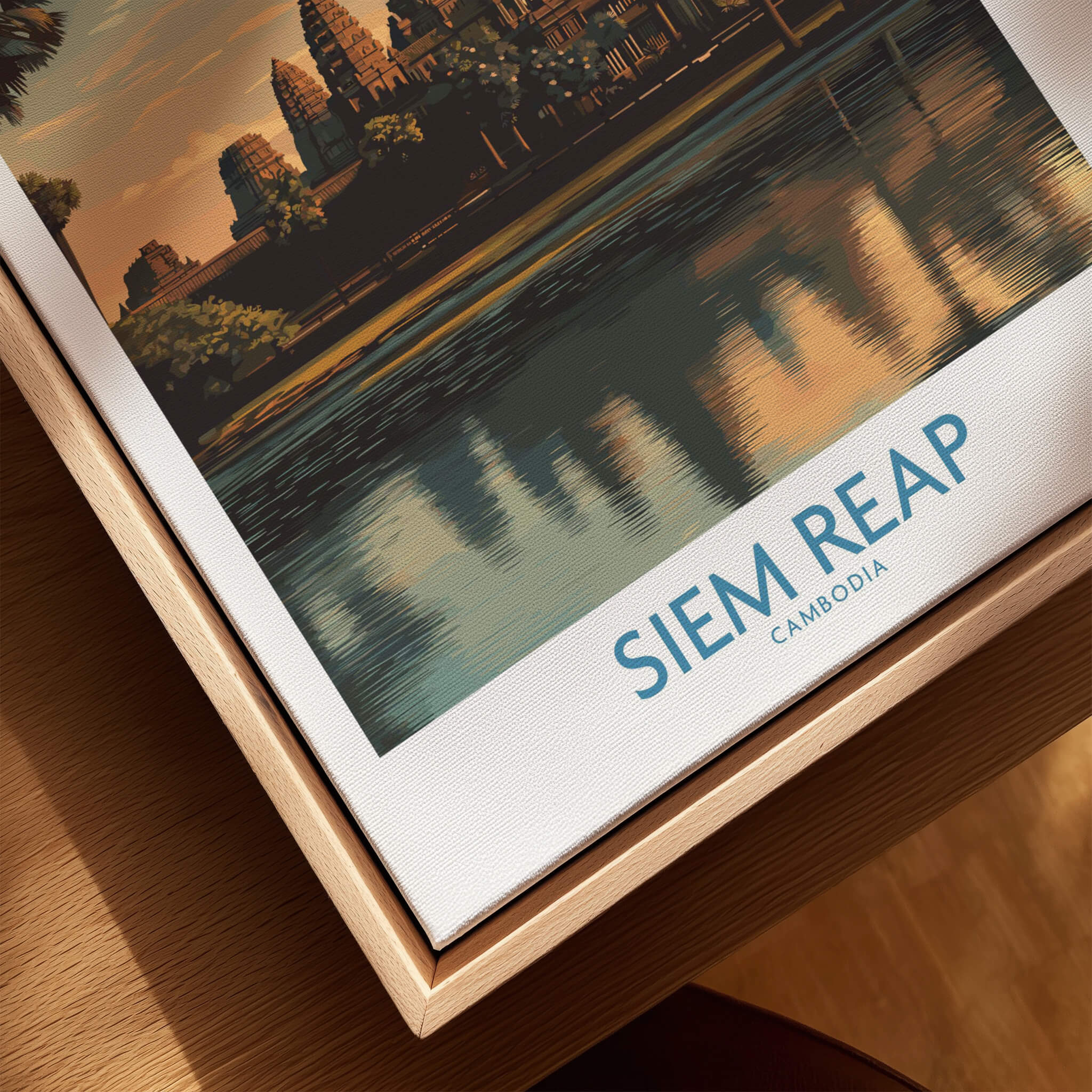 Siem Reap Canvas Print | Cambodia Khmer Poster featuring serene waters and ancient architecture, perfect for decor enthusiasts.