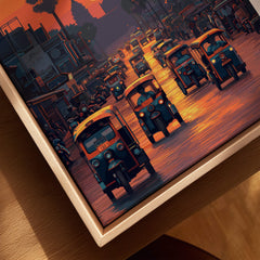Siem Reap Wall Art Print | Cambodia Sunset Street Scene Travel Poster featuring tuk-tuks during golden hour.