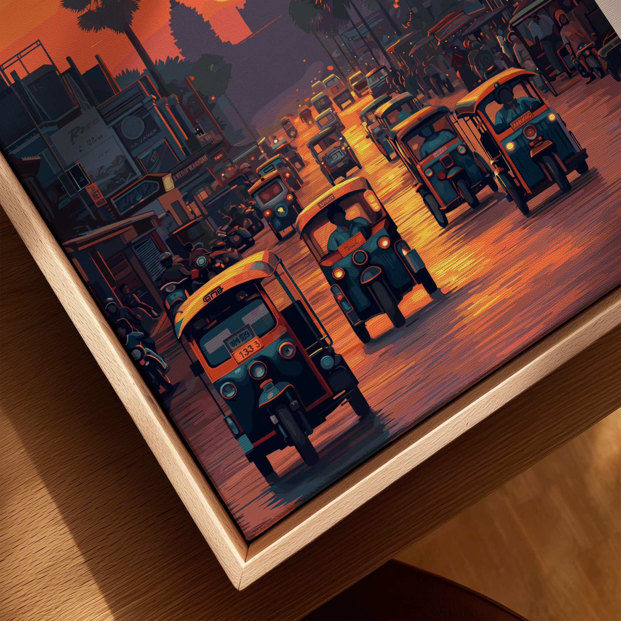Siem Reap Wall Art Print | Cambodia Sunset Street Scene Travel Poster featuring tuk-tuks during golden hour.