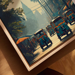 Siem Reap Cambodia Travel Poster | Tropical Town Street Wall Art Print featuring vibrant tuk-tuks and lush greenery.