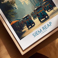 Siem Reap Cambodia Print | Canvas Poster showing vibrant streets with tuk tuks and local vendors in colorful urban life.