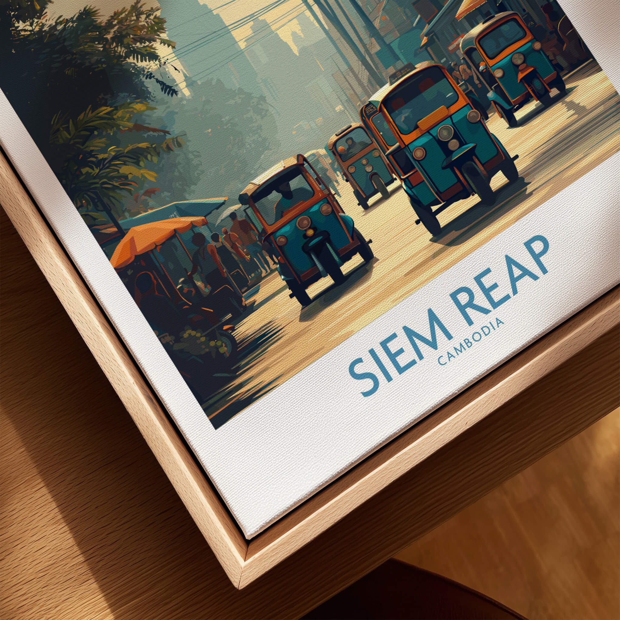 Siem Reap Cambodia Print | Canvas Poster showing vibrant streets with tuk tuks and local vendors in colorful urban life.