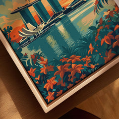 Singapore Wall Art Print - Southeast Asia Travel Poster showcasing Marina Bay Sands with vibrant tropical flowers.