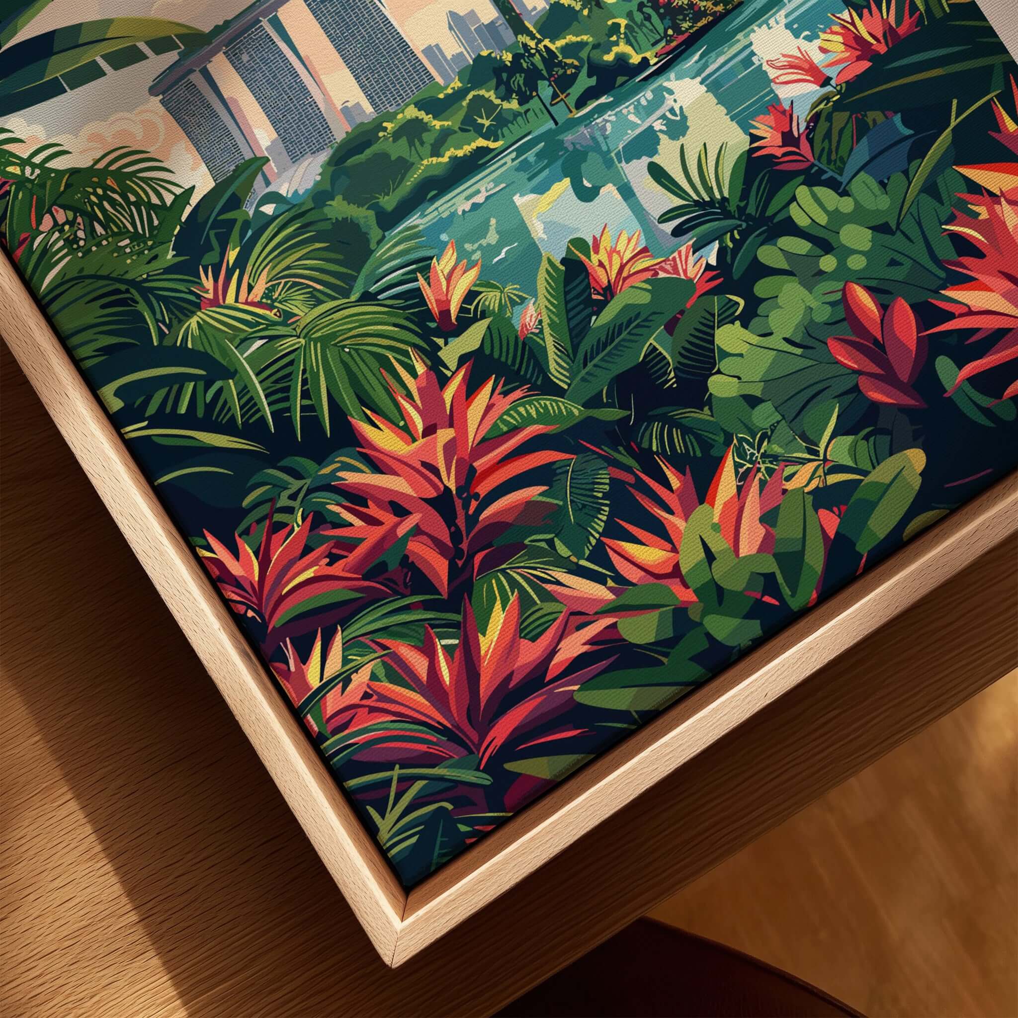 Singapore Marina Bay Poster featuring lush tropical plants and vibrant colors, showcasing iconic cityscape details.