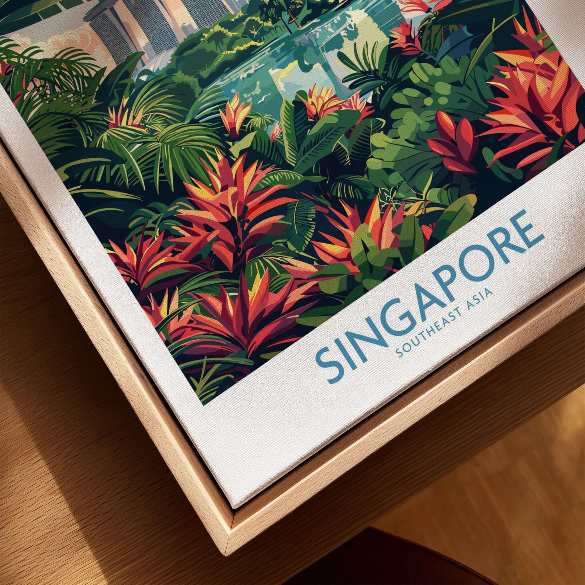 Singapore Gardens by the Bay Poster showcasing vibrant flora and iconic architecture of Singapore, perfect for home decor.