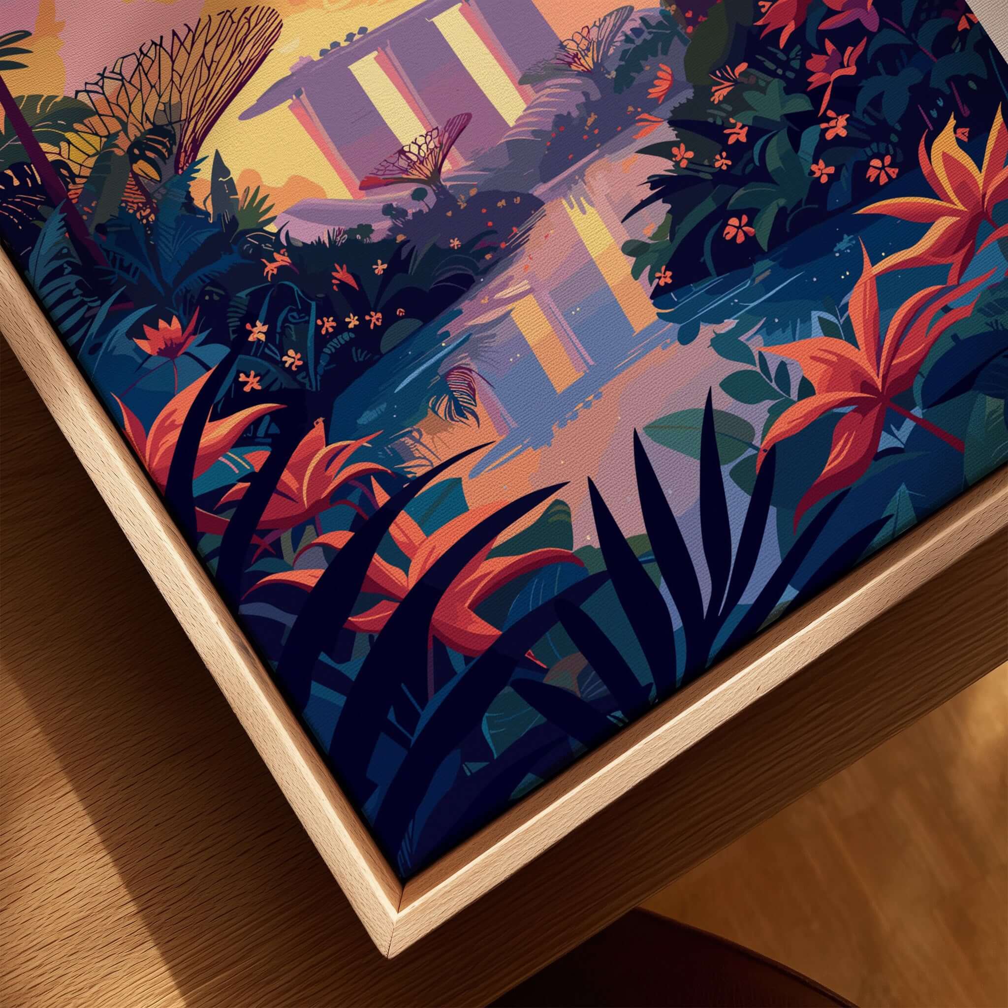 Singapore Poster featuring lush tropical plants and vibrant colors from Gardens on the Bay.