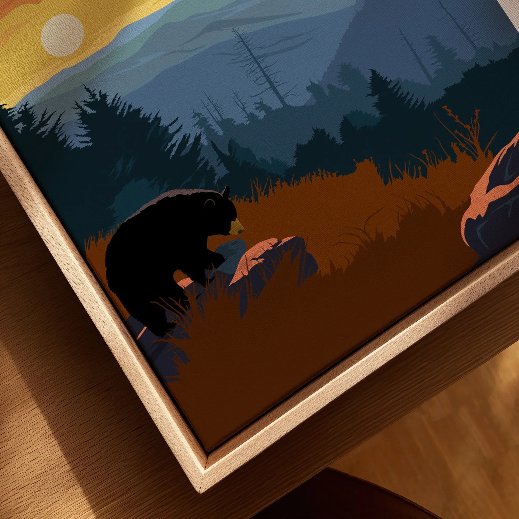 Framed canvas print of a bear in Smoky Mountains landscape with natural wood frame