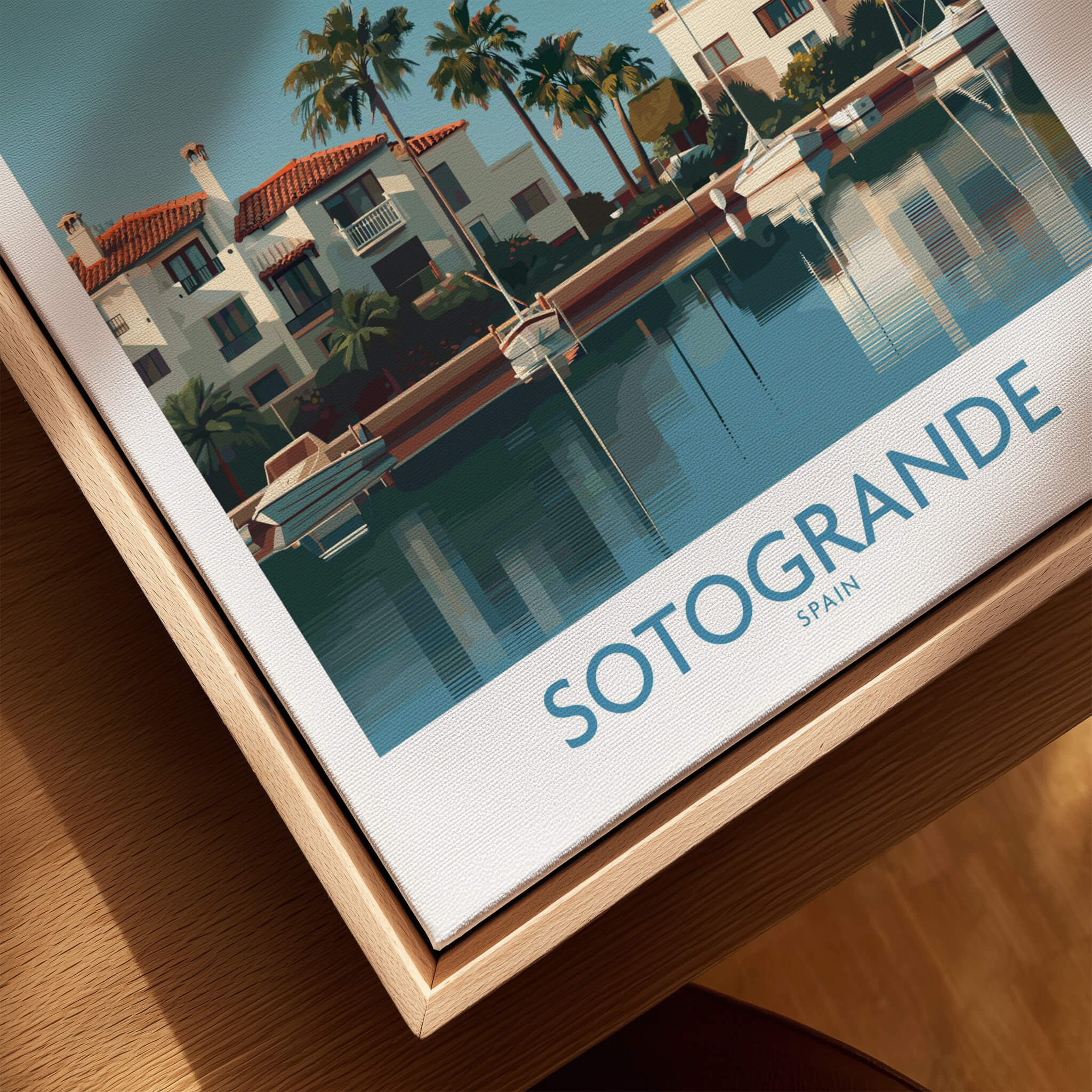 Sotogrande Spain Canvas Print | Mediterranean Waterfront Scenery Poster featuring elegant coastal architecture.