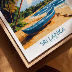 South Asia Travel Poster - Sri Lanka Coastal Print, Island Life Wall Art featuring a vibrant boat on a sandy beach