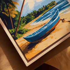 Sri Lanka Beach Scene Art - Tropical Island Print, Palm Tree Wall Decor with a blue boat on the sandy beach.
