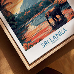 Sri Lanka Nature Art - Elephant in River Poster, Tropical Wildlife Print featuring an elephant wading in a colorful river.