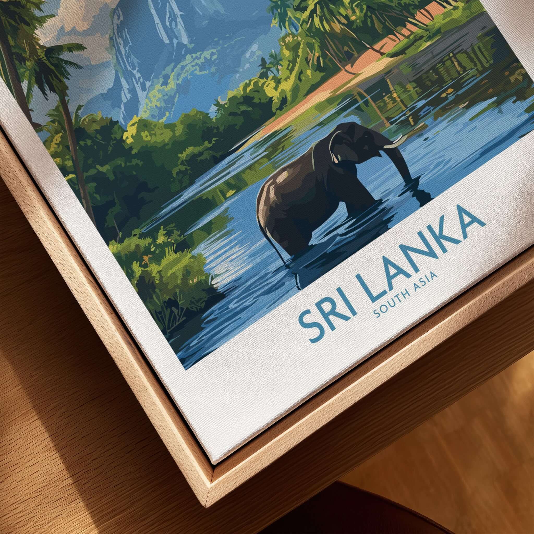 Sri Lanka Tropical Scene Wall Art - Elephant Print, Island Paradise Decor featuring an elephant by a tranquil lake.