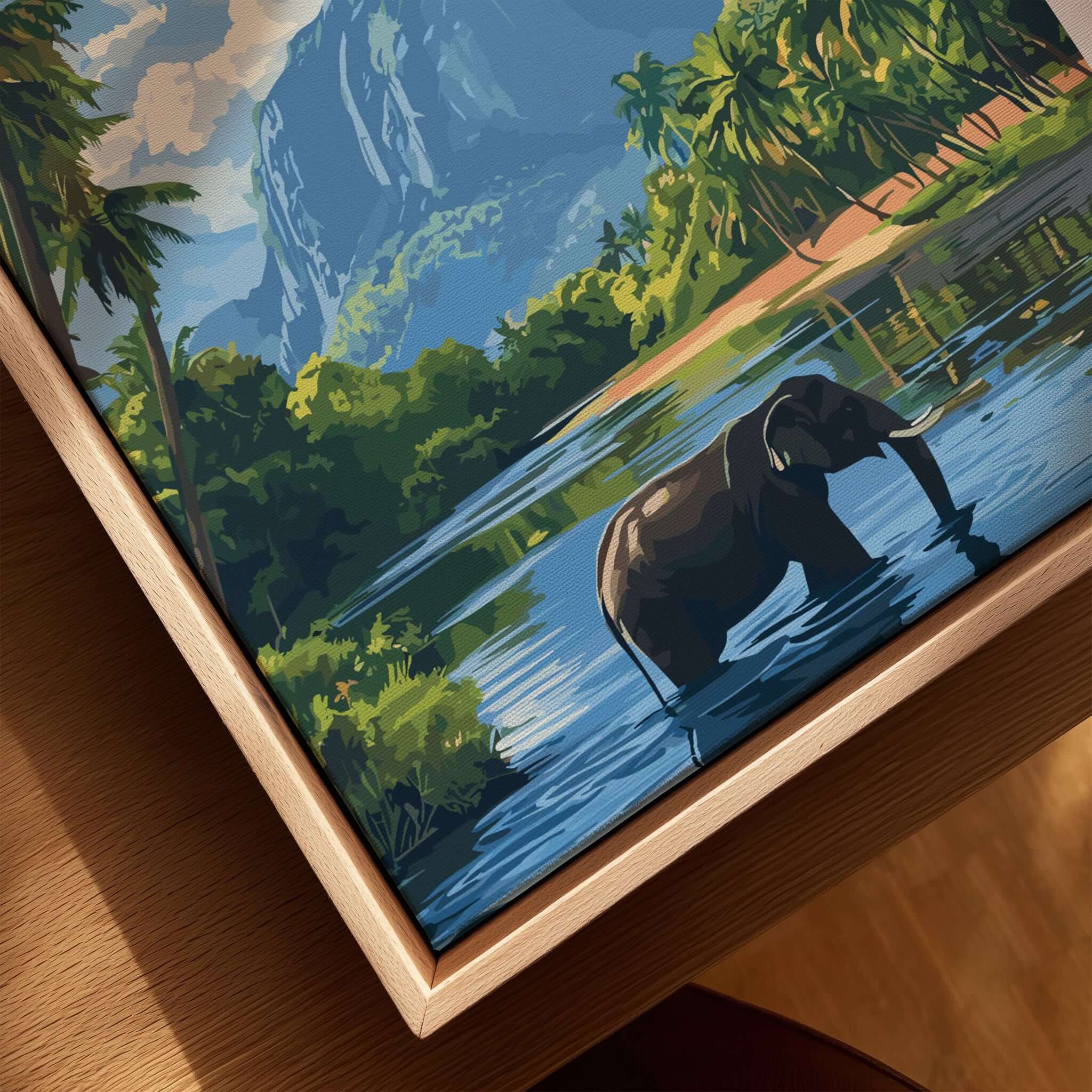 Sri Lanka Wildlife Poster - South Asia Landscape Art, Elephant Mountain View featuring an elephant in a serene water setting.