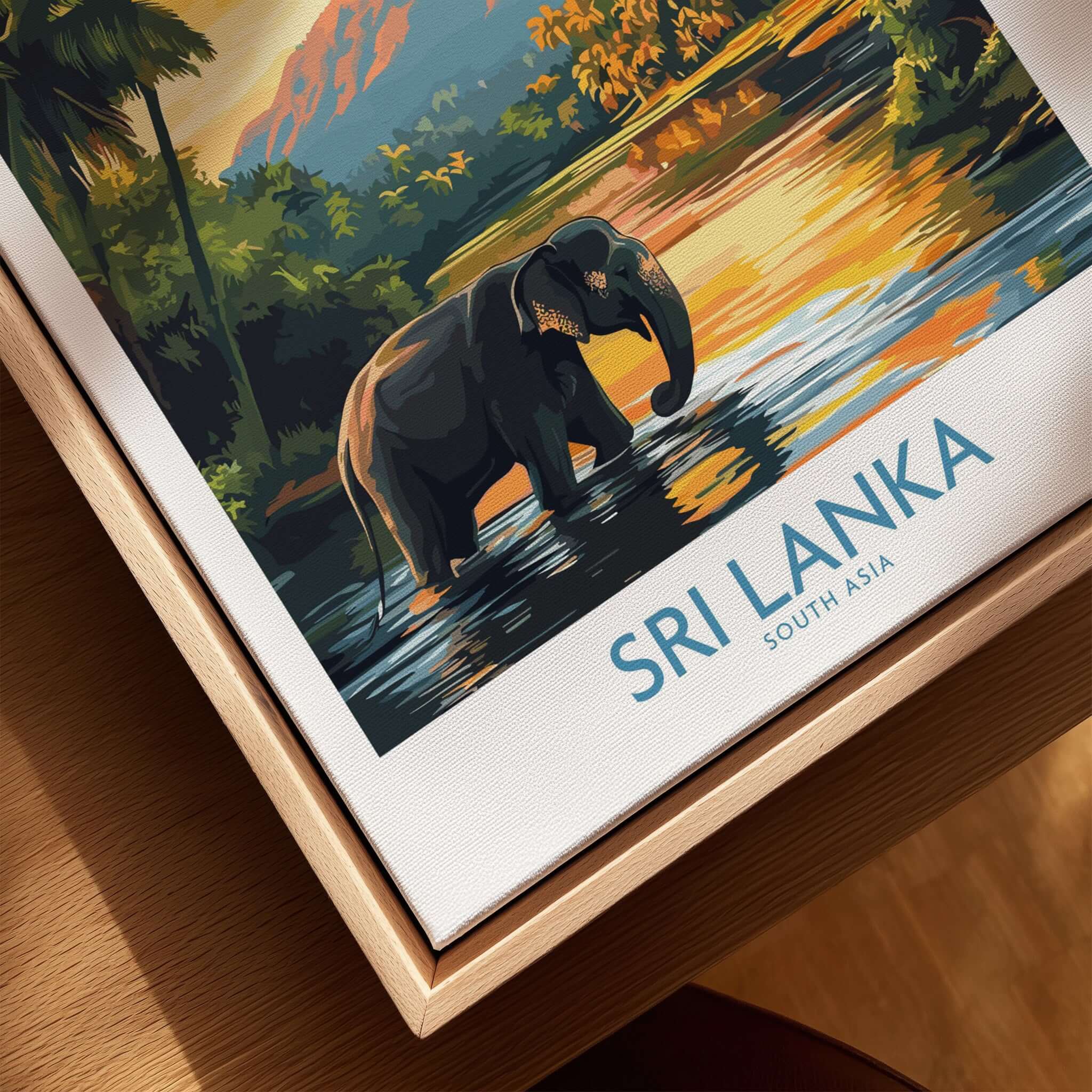 Sri Lanka Travel Art Print - Elephant Swimming Wall Art, Tropical Adventure Scene in vibrant colors.
