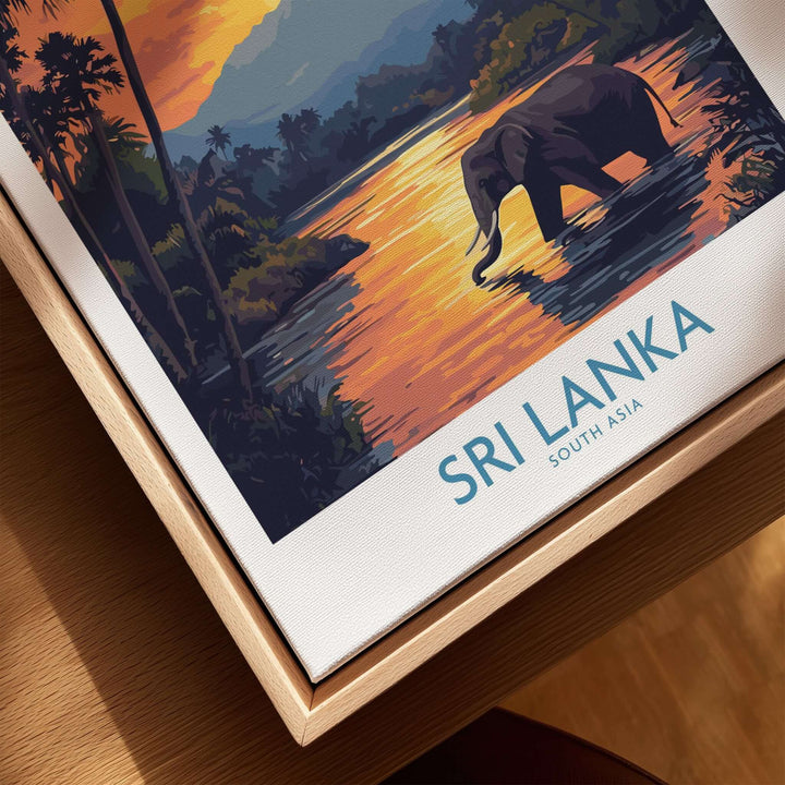 Sri Lanka Poster with Elephant in tropical setting at Sunset - Travel Print featuring a serene elephant in vibrant sunset scene.
