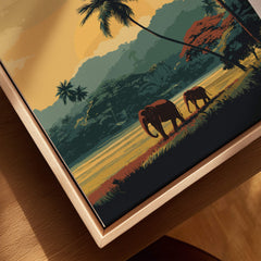 Sri Lanka Wall Art Print | Sunset Elephant Landscape Travel Poster featuring elephants in a vibrant sunset landscape.