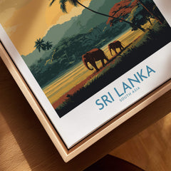 Sri Lanka Poster | Tropical Palm Tree & Elephant Canvas Print featuring elephants in a lush landscape.