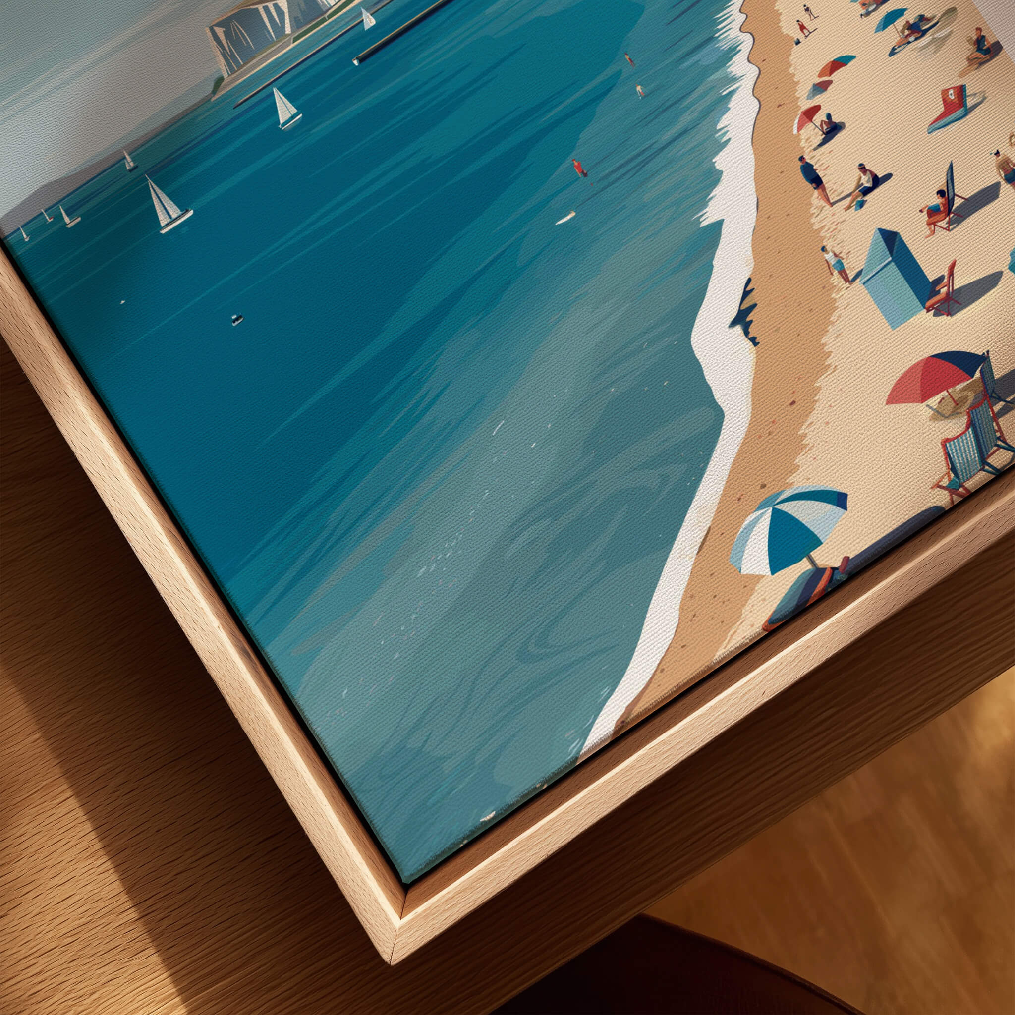 Swanage Dorset Wall Art Print | British Seaside Beach Travel Poster showcasing a vibrant beach scene with colorful umbrellas and sailboats.