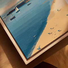 Swanage Dorset Travel Poster | English Coastal Town Wall Art Print showing sandy beach and boats in calm blue waters.