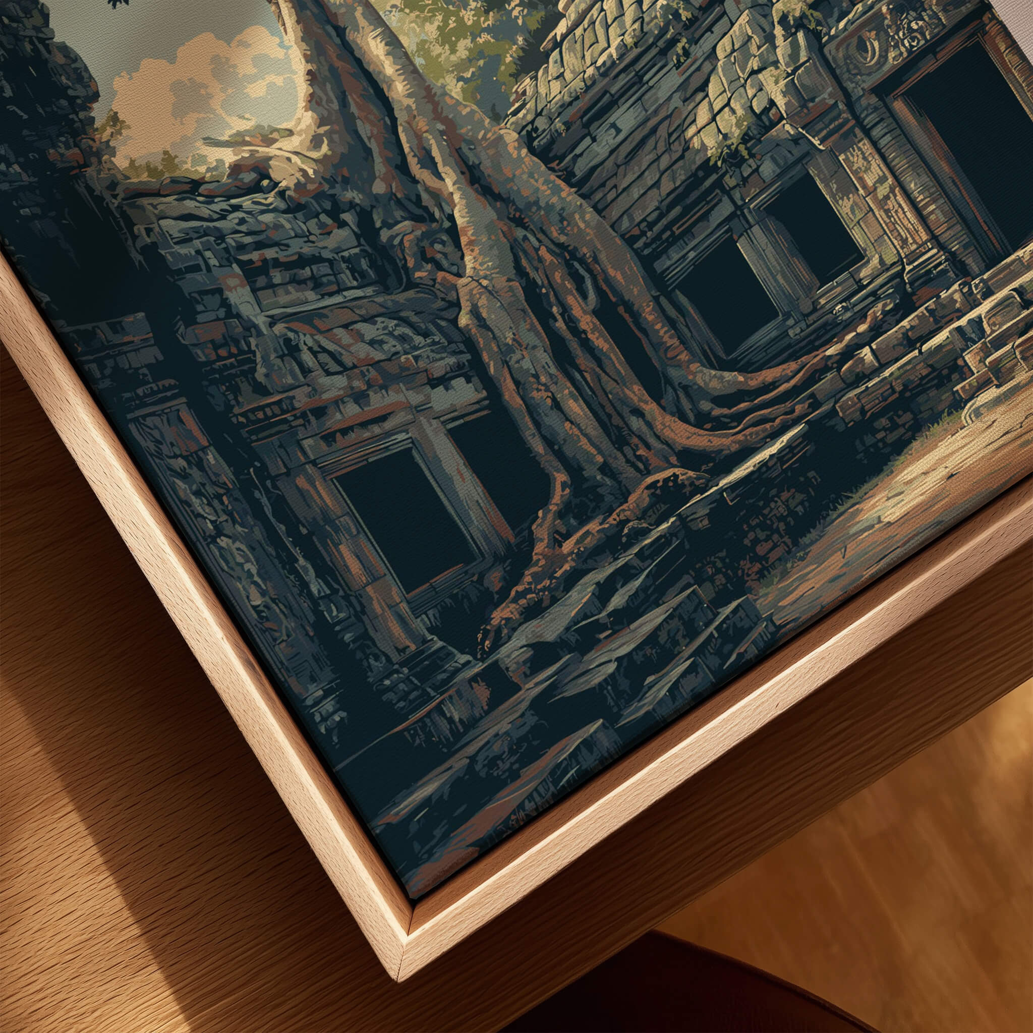Ta Prohm Cambodia Travel Poster | Ancient Temple Jungle Ruins Wall Art Print showcasing the dramatic intertwining of nature and ancient stone.