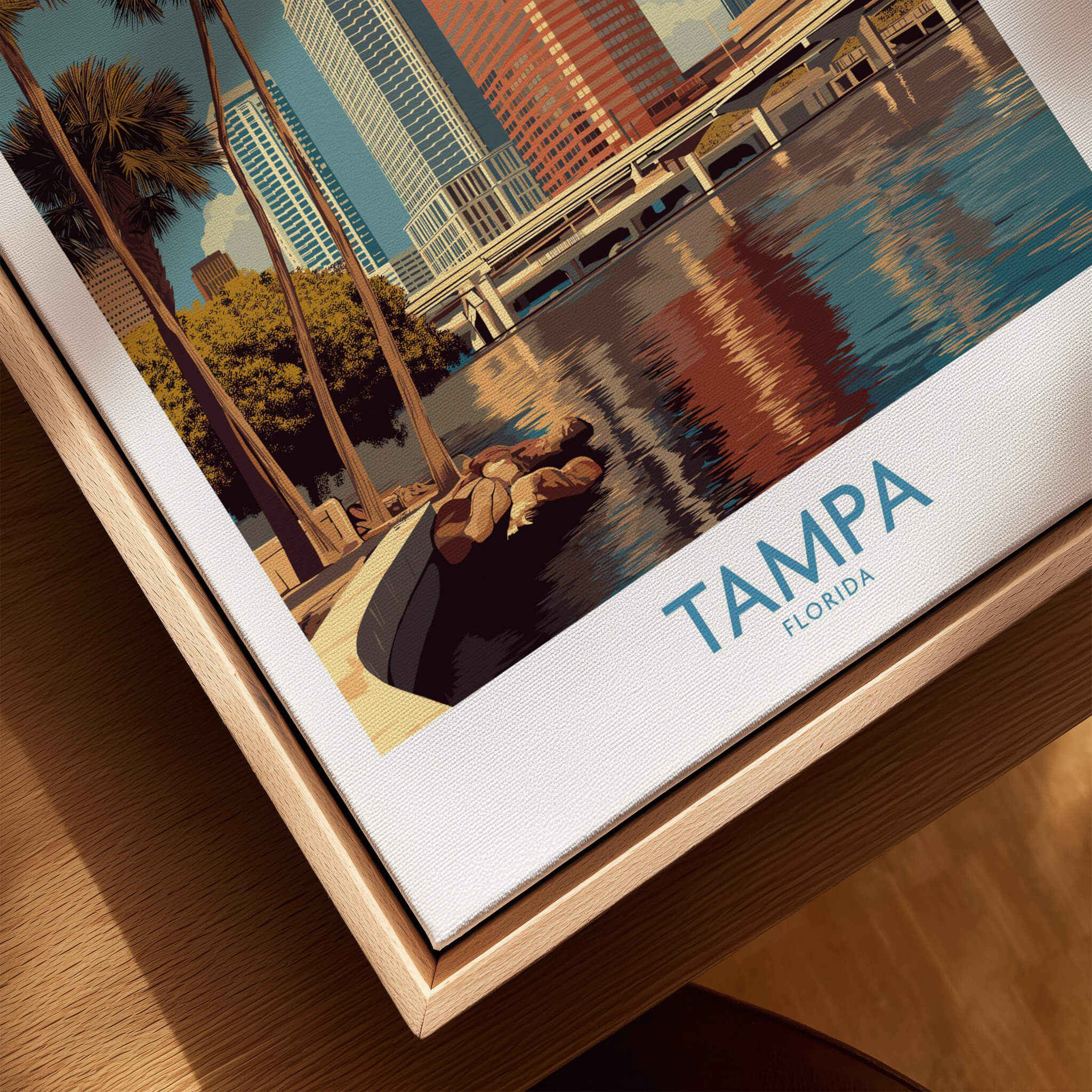 Tampa Florida Poster | Waterfront Sunset Cityscape Canvas Print featuring the iconic skyline and waterfront.